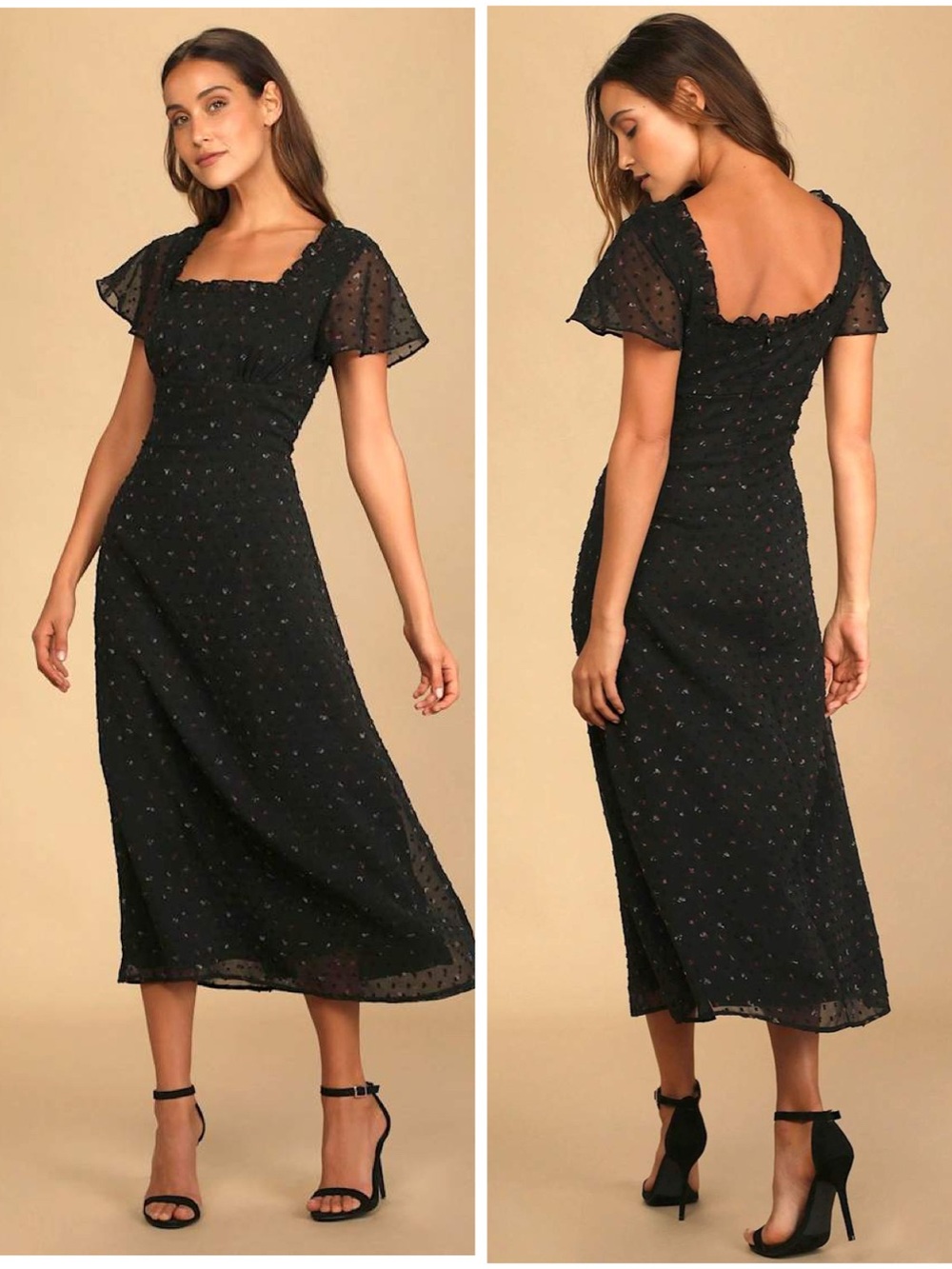Lulus So Kiss Me Black Floral Print Swiss Dot Maxi Dress Size Large NWT Flutter